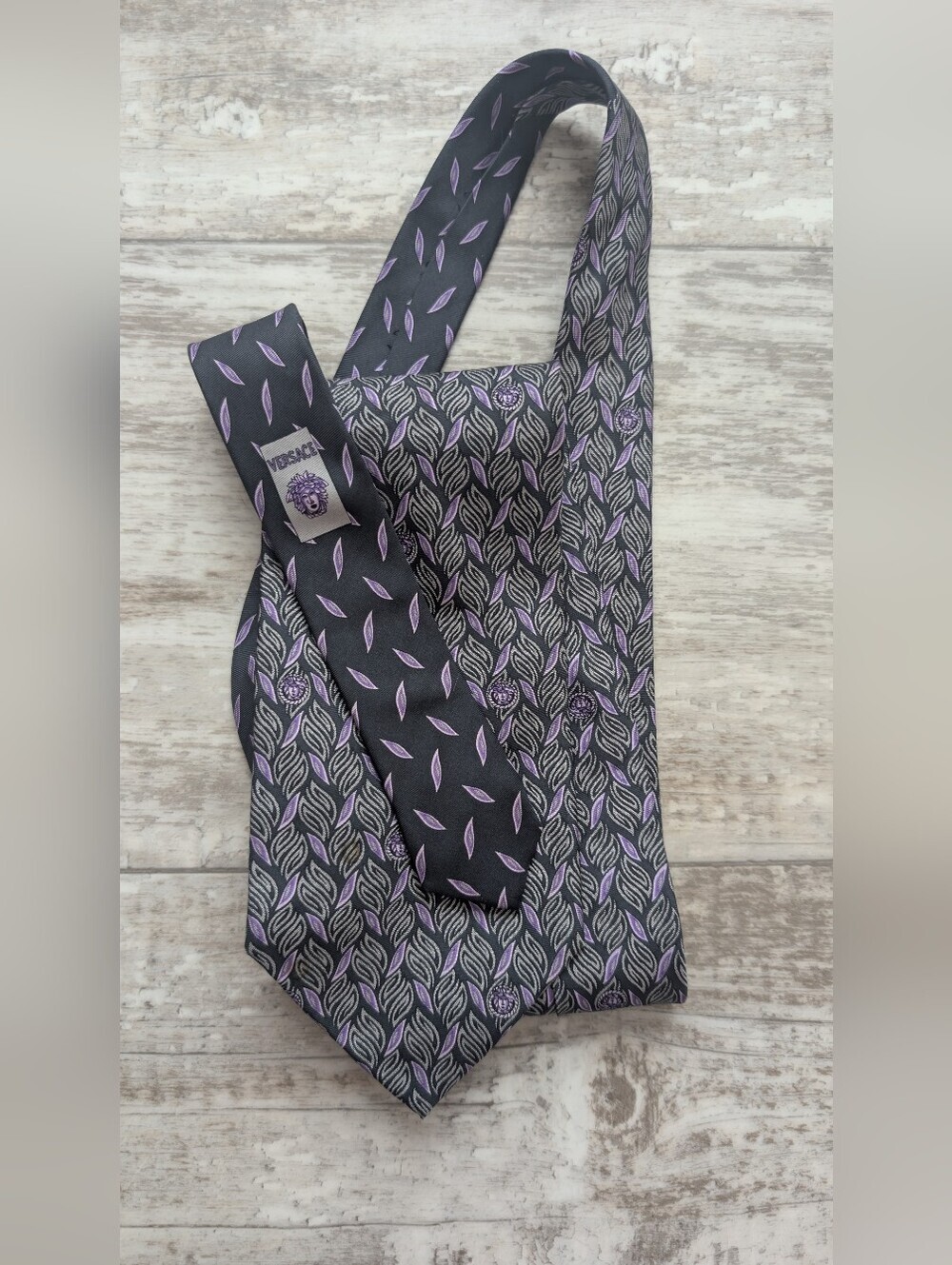 Versace Black & Purple Leaf Motif Silk Tie